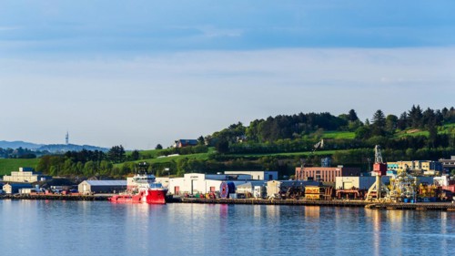 Industrial Zone over FjordSailing, Stavanger, Boknafjorden, Norway, Europe