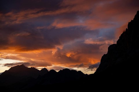 Montafon mountains with dramatic cloudy sky at sunset, Tschagguns, Rätikon, Montafon, Vorarlberg,