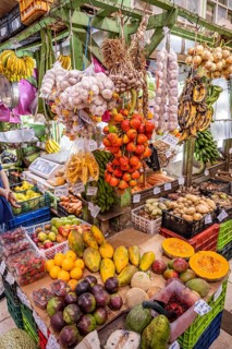 Display of fruit and vegetables at a market stall, Mercado Central de San José, San José, Costa