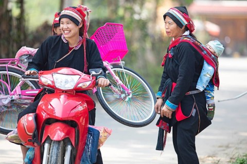Vietnamese woman in traditional traditional costume from the Dao minority transport a pink bicycle