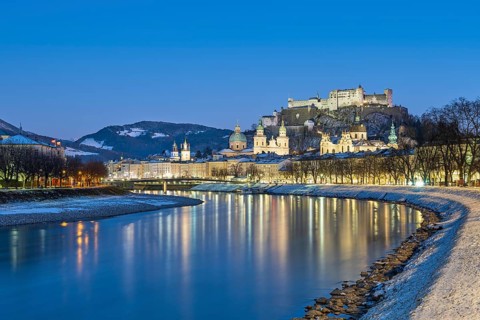 Salzburg in winter at the blue hour, Old Town, Cathedral, Fortress Hohen Salzburg, Salzach,
