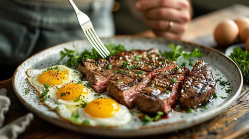 Man eating A plate filled with steak and eggs. generative AI, AI generated
