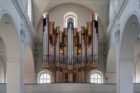 Main organ in the Augustinian Church, created in 1996, Dominikanerplatz, Würzburg, Lower Franconia,