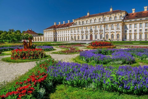 Garden parterre with flowerbeds in front of the New Palace in the Schleissheim Palace complex,
