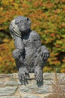Sculpture A & E Monkey by Laura Ford, monkey figure, sitting, detail, head, headache, injury, head