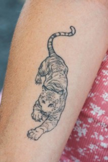 Tattoo of a tiger on the forearm of a young woman, Bavaria, Germany, Europe