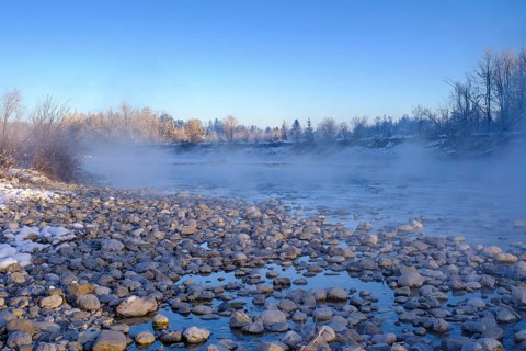Sunrise on the Isar, Isar floodplains in winter, near Arzbach, Lenggries, Upper Bavaria, Bavaria,