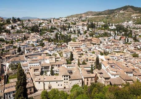 View of historic Moorish buildings in the Albaicin district of Granada, Spain seen from the