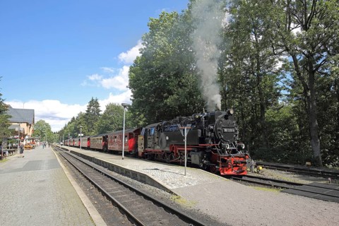 Harz narrow gauge railway with steam locomotive in station, train, Drei Annen Hohne, Wernigerode,