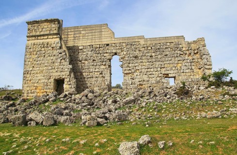 Remains of theatre stage background wall, Acinipo Roman town site Ronda la Vieja, Cadiz province,
