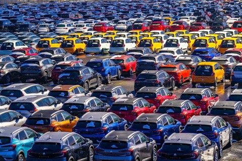 Car terminal in the Logport I inland port, in Duisburg on the Rhine, vehicle handling of new cars,