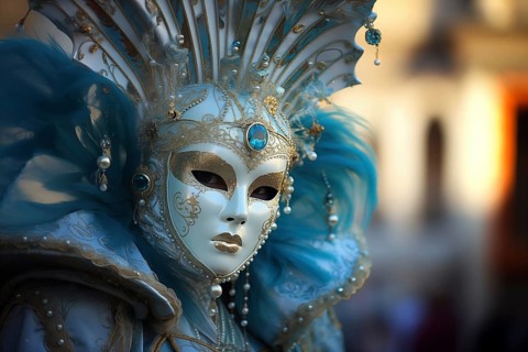 A person adorned in an elaborate and elegant costume, capturing the essence of the Venice Carnival