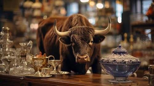 Very large bull with horns in a China shop filled with glassware. generative AI, AI generated