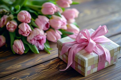 Gift Box with Pink Ribbon Beside bouquet of Fresh Tulips. Background for Valentine day, March 8,