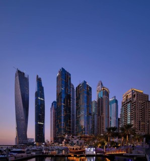 Marina, Skyline, Cayan Tower, DAMAC Heights, Logo, Dubai Marina, twilight, blue hour, Dubai, United