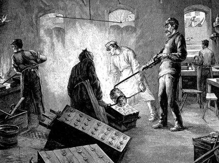 Metalworking, Men casting bronze, Illustration from 1880, Germany, Historical, digital reproduction