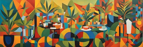 Abstract composition of a cannabis cafe with ambiance bold contrasting colors and playful shapes,