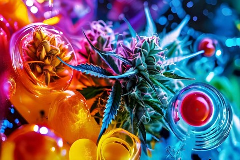 Abstract painting of chemical structure of thc and cbd interlocking geometric shapes, AI generated
