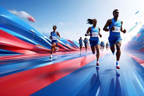 Marathon 2024 olympic runners in abstract dynamic shapes french tricolor blue white red, AI