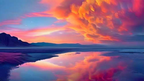 AI generated painting of a surreal landscape with mountains and a lake with digital brush strokes