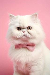 White persian cat with bow tie on pink background. KI generiert, generiert AI generated
