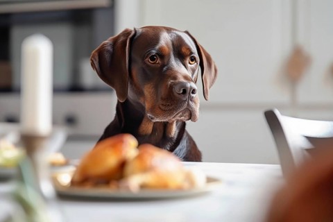 Dog sitting in kitchen with chicken or turkey on table. KI generiert, generiert AI generated