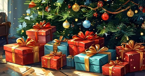 Abstract illustration of wrapped Christmas gifts, shiny ribbons and bows, stacked under a evergreen