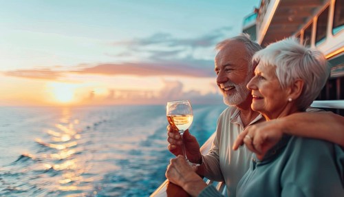 Happy senior romantic couple celebrate onboard of luxury cruise ship with glass of wine at sunset,