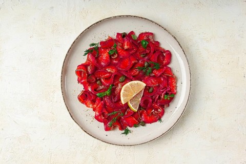 Salmon gravlax with beetroot, Scandinavian snack, beet gravlax, lightly salted fish, homemade, no