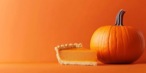 Banner with slice of pumpkin pie and large pumpkin on orange background with copy space. Generative