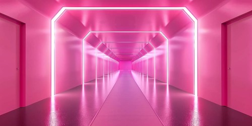 Futuristic long pink hallway with lights. Generative Ai, AI generated