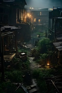 Deserted mining town nature reclaiming architecture, AI generated