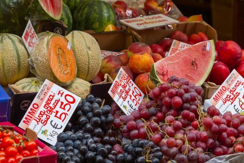 Range of different types of fruit, stand, Limone sul Garda, Lake Garda, Lombardy, Italy, Europe
