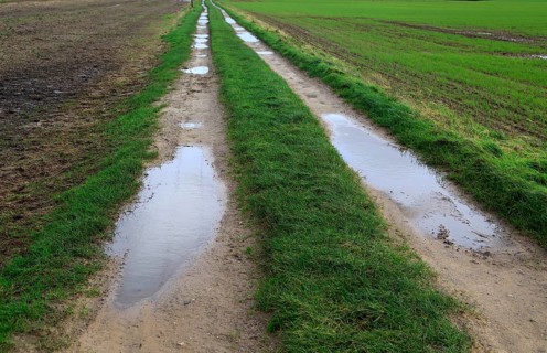 Puddles in farm track crossing fields, Alderton, Suffolk, England, UK