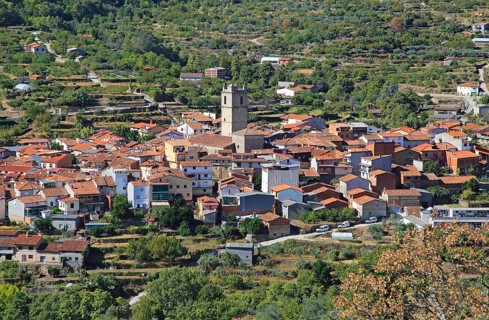 Looking down on rooftops of nucleated village Garganta la Olla, La Vera, Extremadura, Spain, Europe