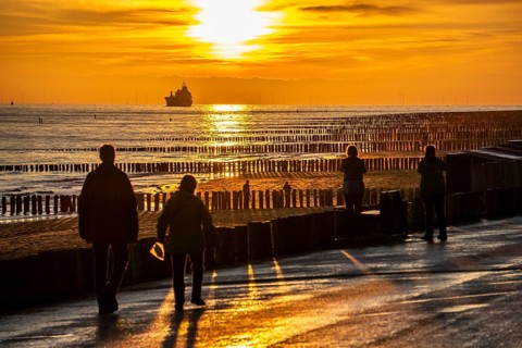 Sunset on the beach of Zoutelande, beach with wooden pile breakwaters, tourists, cargo ship sailing