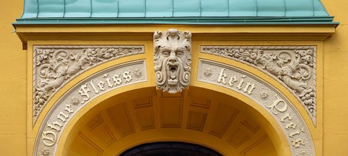 Detail of the left entrance portal of the Luitpold Primary School, built in 1901 in Art Nouveau
