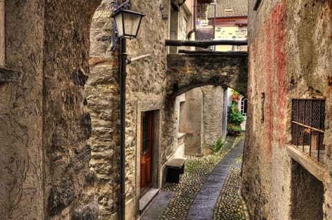 Walkway and Old Rustic Houses in City of Ronco sopra Ascona Ticino, Switzerland, Europe