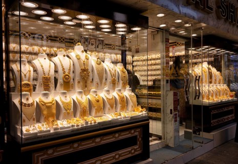 Gold in shop window, display, offer, wedding jewellery, gold souq, market, Deira, Dubai, United