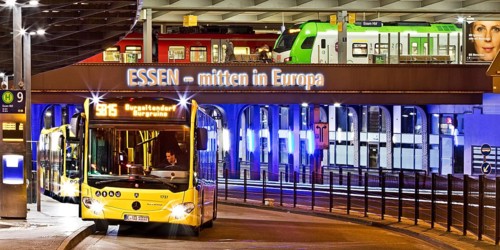 Essen public transport buses and regional trains at the main railway station, mobility,