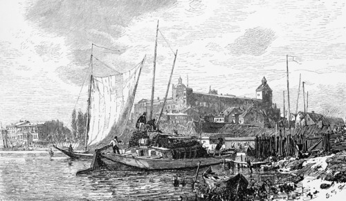 Castle on the Oder, Stettin or Szczecin, Poland, river, small harbour, barges, transport,