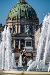 Amalienborg Palace, fountains in the Amalie Garden, dome of the Protestant Frederiks Kirke,