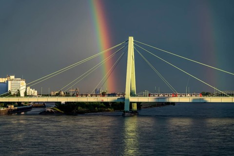 Severin Bridge over the Rhine, Rainbow, Cologne, North Rhine-Westphalia, Germany, Europe