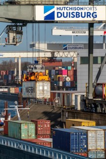 Port of Duisburg Ruhrort, Container freighter being loaded and unloaded at DeCeTe, Duisburg