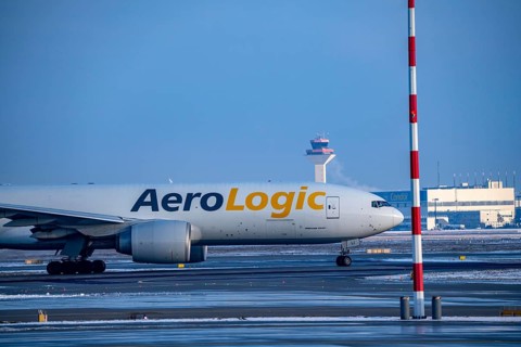 AeroLogic freighter Boeing 777F, on the way to the western runway, Frankfurt Airport FRA, Fraport,