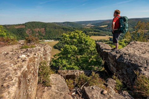 Eugenienstein, view into the Rur valley, landscape along the red sandstone route, in the Rureifel,