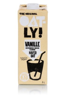 Oatly variety vanilla vegan oat milk cropped against a white background