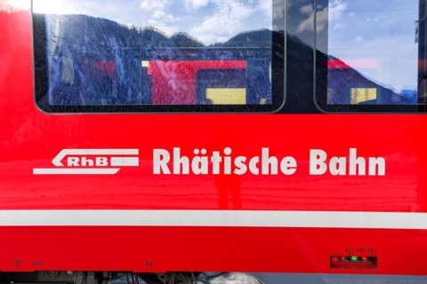 Rhaetian Railway logo on a Stadler Rail train in Filisur, Switzerland, Europe