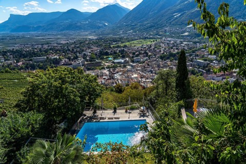 View of Merano from the mountain station of the chairlift to Dorf Tyrol, Hotel Pool, South Tyrol,