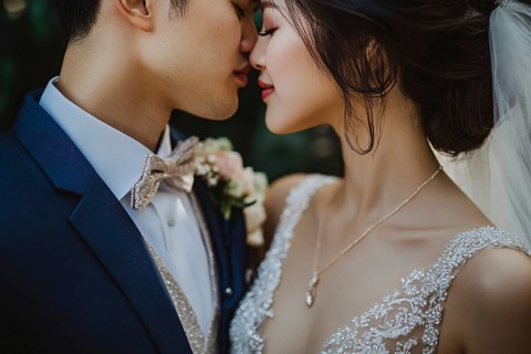 Young Asian wedding couple in love about to kiss. Generative Ai, AI generated